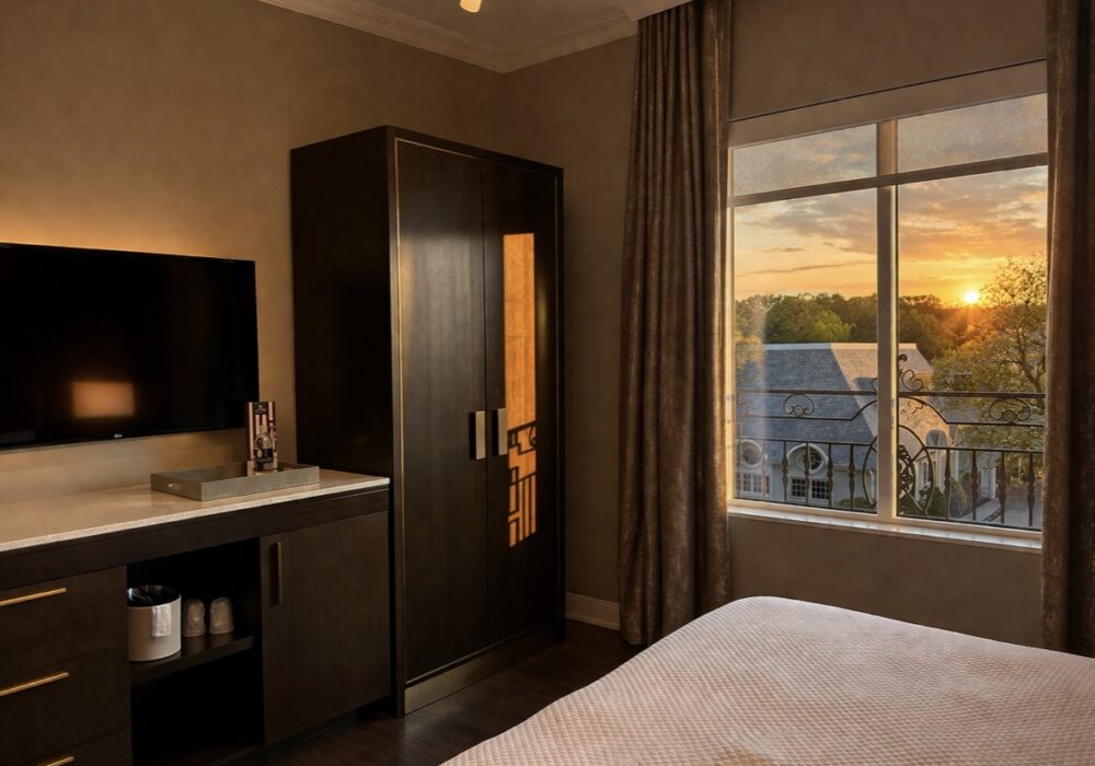 Hotel room with sunset view