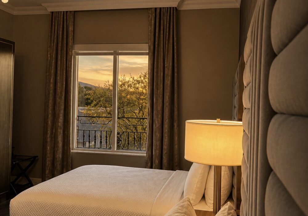 Hotel room with sunset view