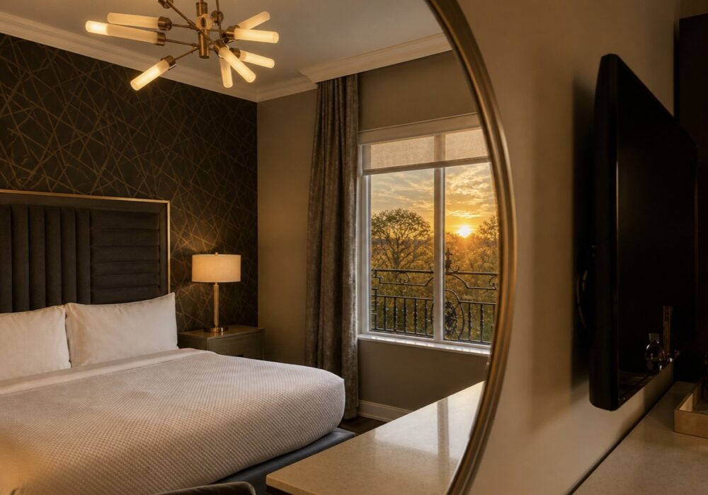 Hotel room with sunset view